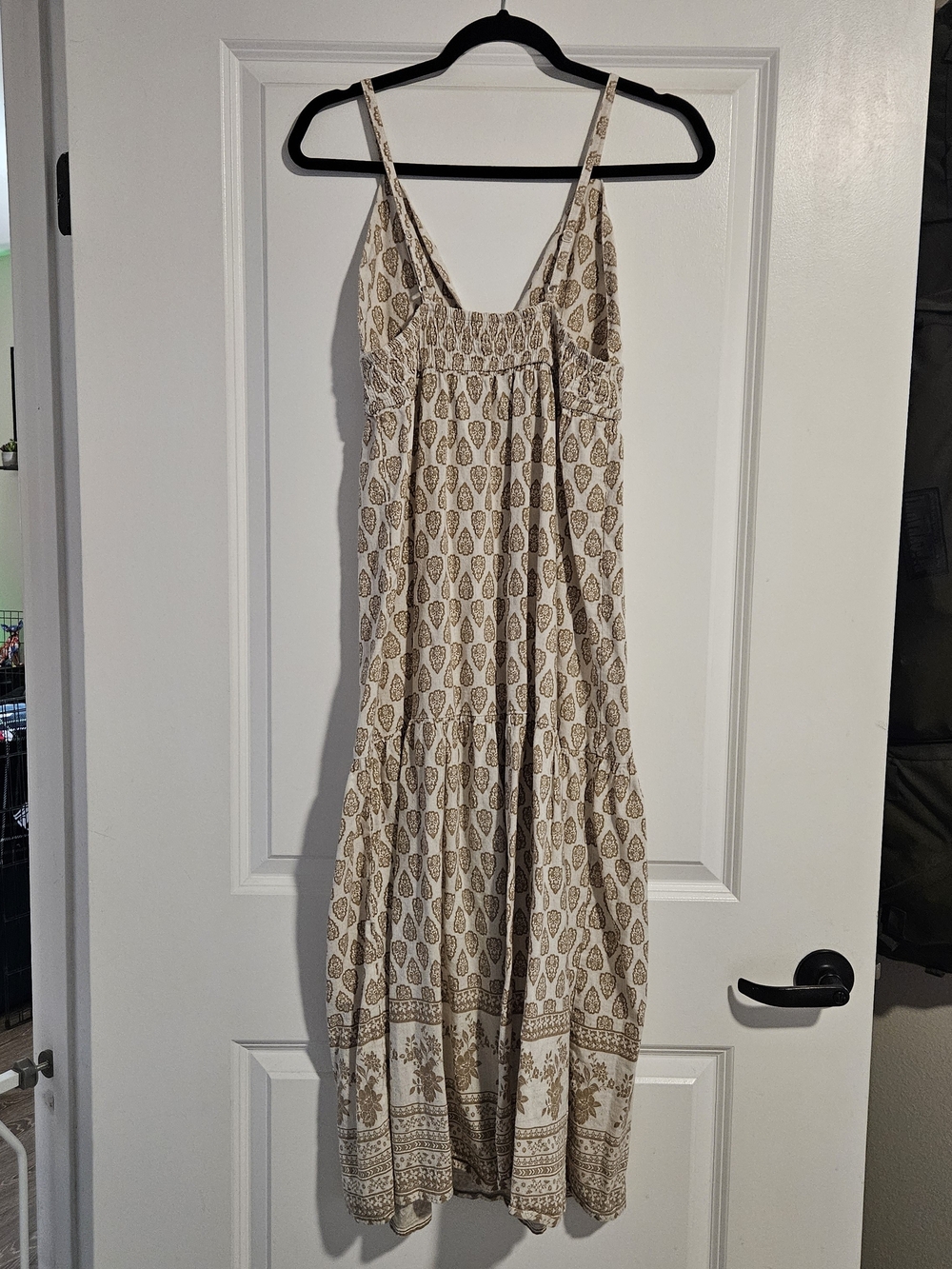 Sim & Sam Bohemian Tan Babydoll Linen Blend Maxi Dress in Oat Print Size Medium - Picture 6 of 6